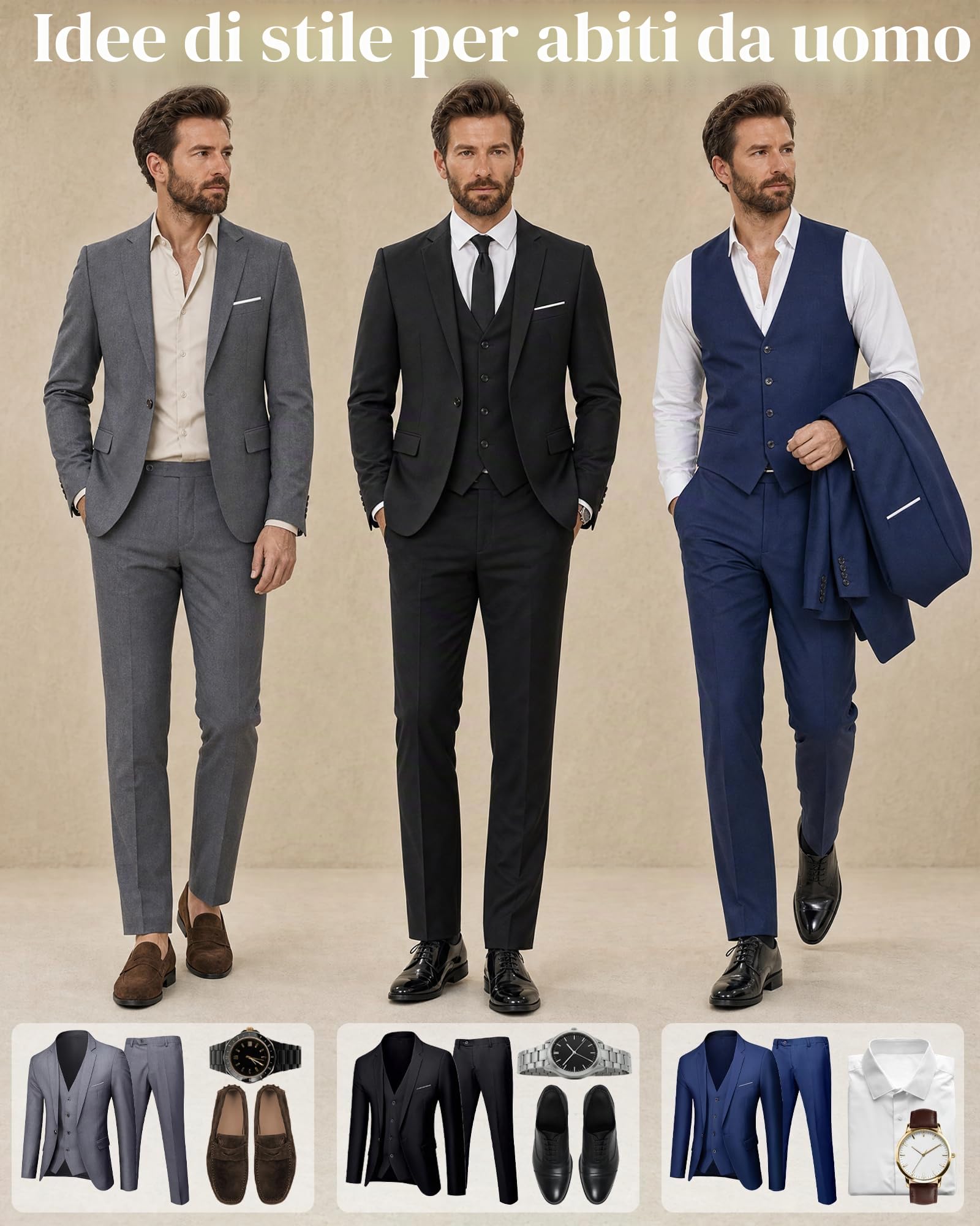 Hihawk, Completo da uomo in 3 pezzi con tessuto elasticizzato, tinta unita, slim fit, con un bottone, giacca, gilet e pantaloni con cravatta