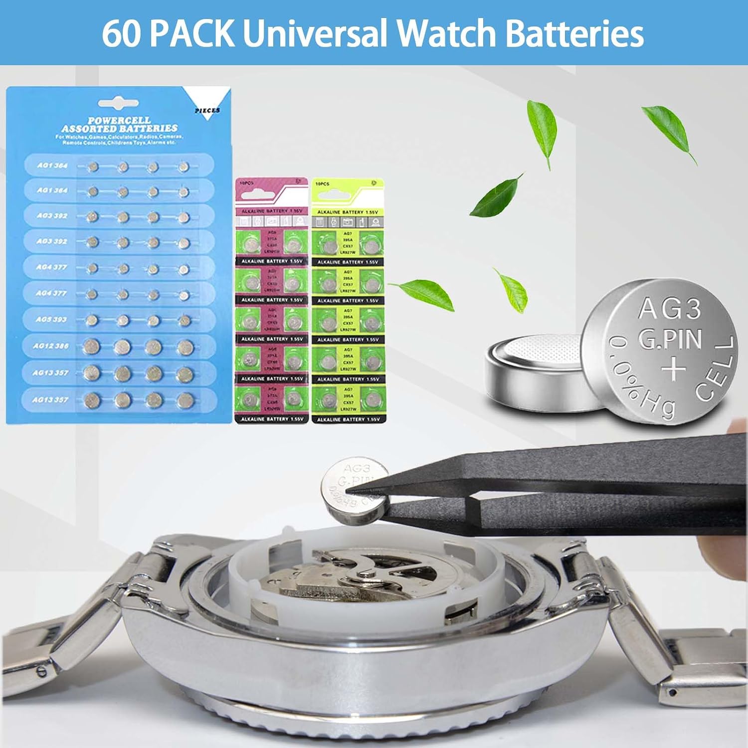 Watch Battery Replacement Tool Kit, GLDCAPA Watch Repair Kit, Watch Back Remover Tool, Watch Case Opener Tool, Watch Case Opening Pry, Spring bar, Tweezers with 60pcs Watch Batteries