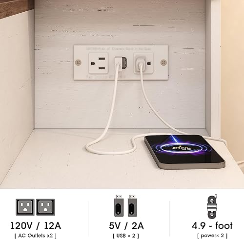 Miniatura 6 de Vabches Escritorio de maquillaje con luces y espejo, juego de mesa de tocador marrón con estación de carga, tocador superior de vidrio con luces