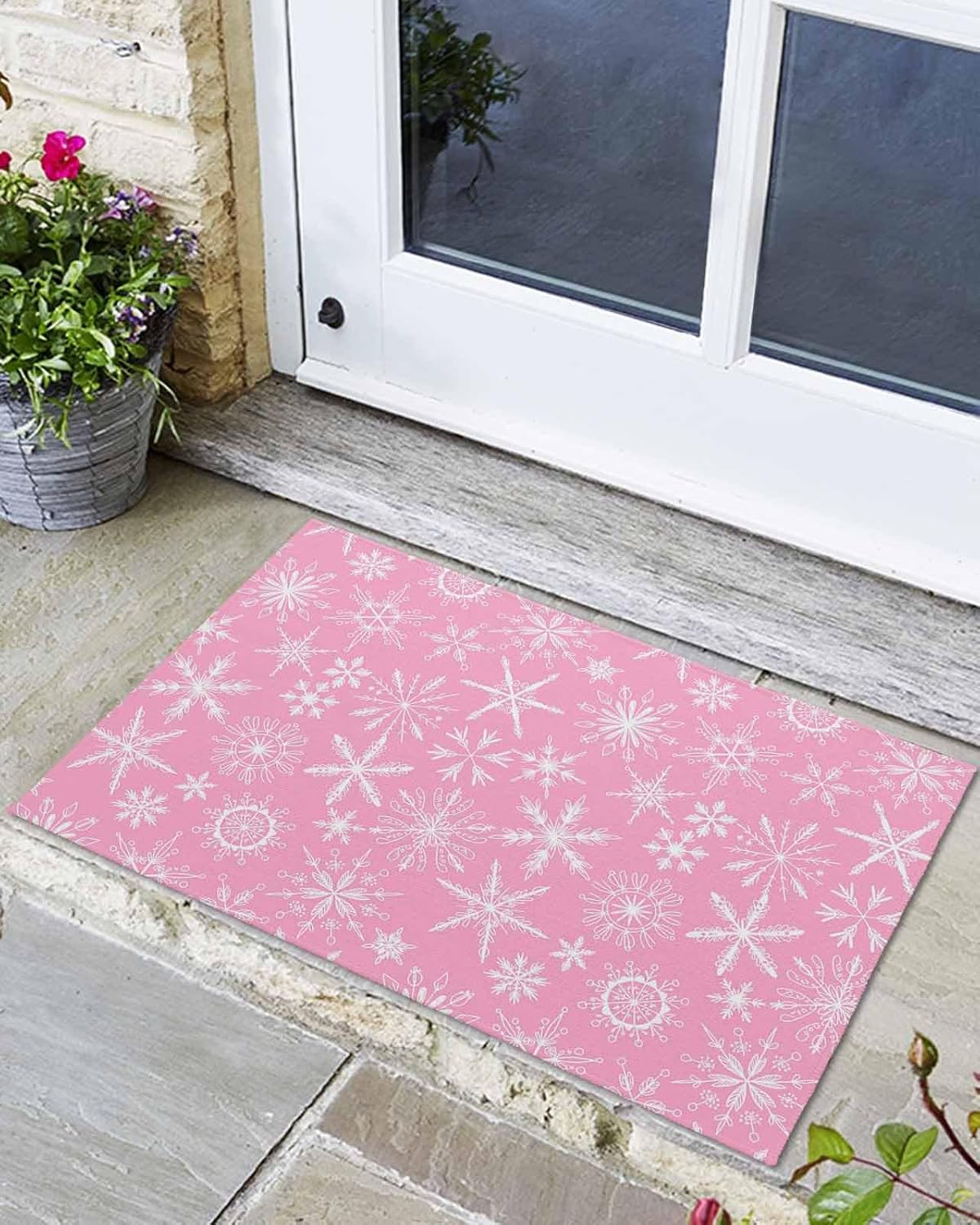Indoor Door Mat Washable Mat 24x36 Inch - Outdoor Non-Slip Mat Absorbent Resist Dirt Doormats Christmas Snowflakes Texture Pink Floor Mat for Entryway Patio Bathroom
