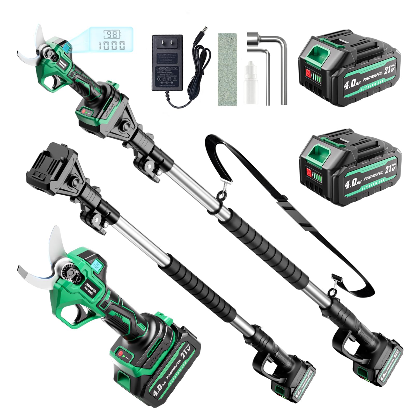 Photo 1 of 2.5" Cutting Diameter, 2-in-1 Pole Electric Pruning Shears - Brushless Motor, 15ft Reach,21V Dual 4.0Ah Batteries, Extra Sk7 Blade, Stainless Steel Pole, 2 Modes Adjustable for Tree & Flower