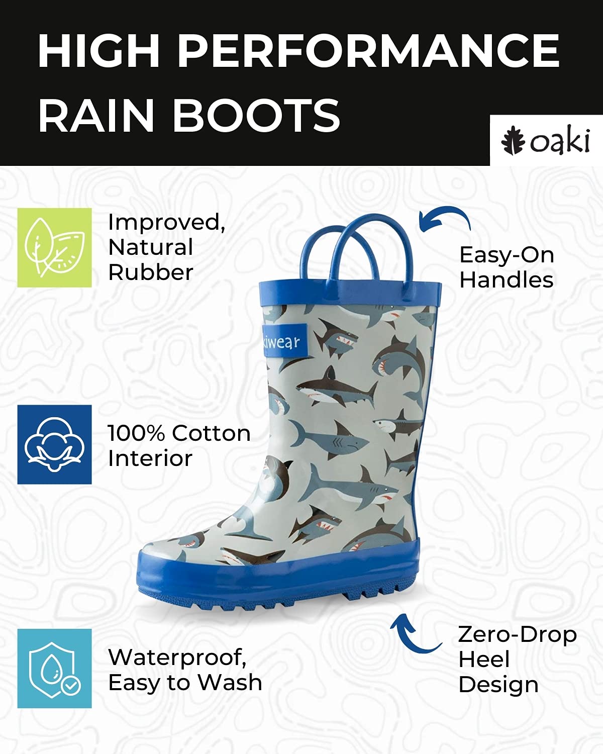 OAKI Toddler Rain Boots – Lightweight Waterproof Rubber Boots for Kids with Easy-On Handles – Durable Kids Outdoor Footwear, Shark Frenzy, 4 Big Kid