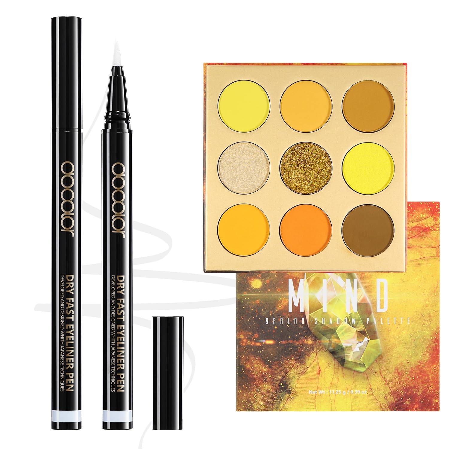 docolor White Eyeliner Waterproof Eye liner Longwearing with Ultra-Fine Tip and Yellow Eyeshadow Palette 9 Colors Gemstone Shadow Palette Highly Pigmented Mattes Shimmers Colourful Makeup Palette