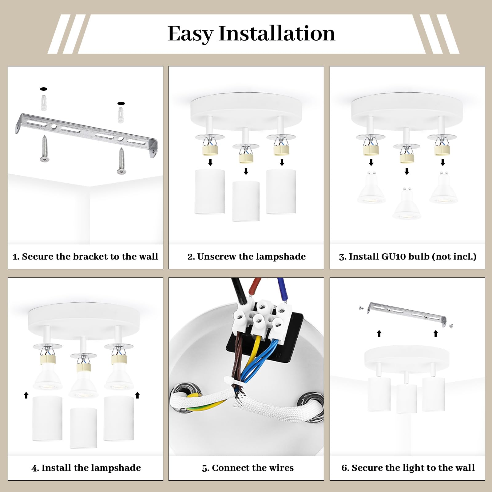 GeyouLux Lámpara de Techo Blanco 3 Focos, Moderno Plafón Foco de Techo LED Ajustables y Giratorios, GU10 Aplique Techo para Interior, Plafones de Techo Redondo para Salon, Dormitorio (Sin Bombilla)