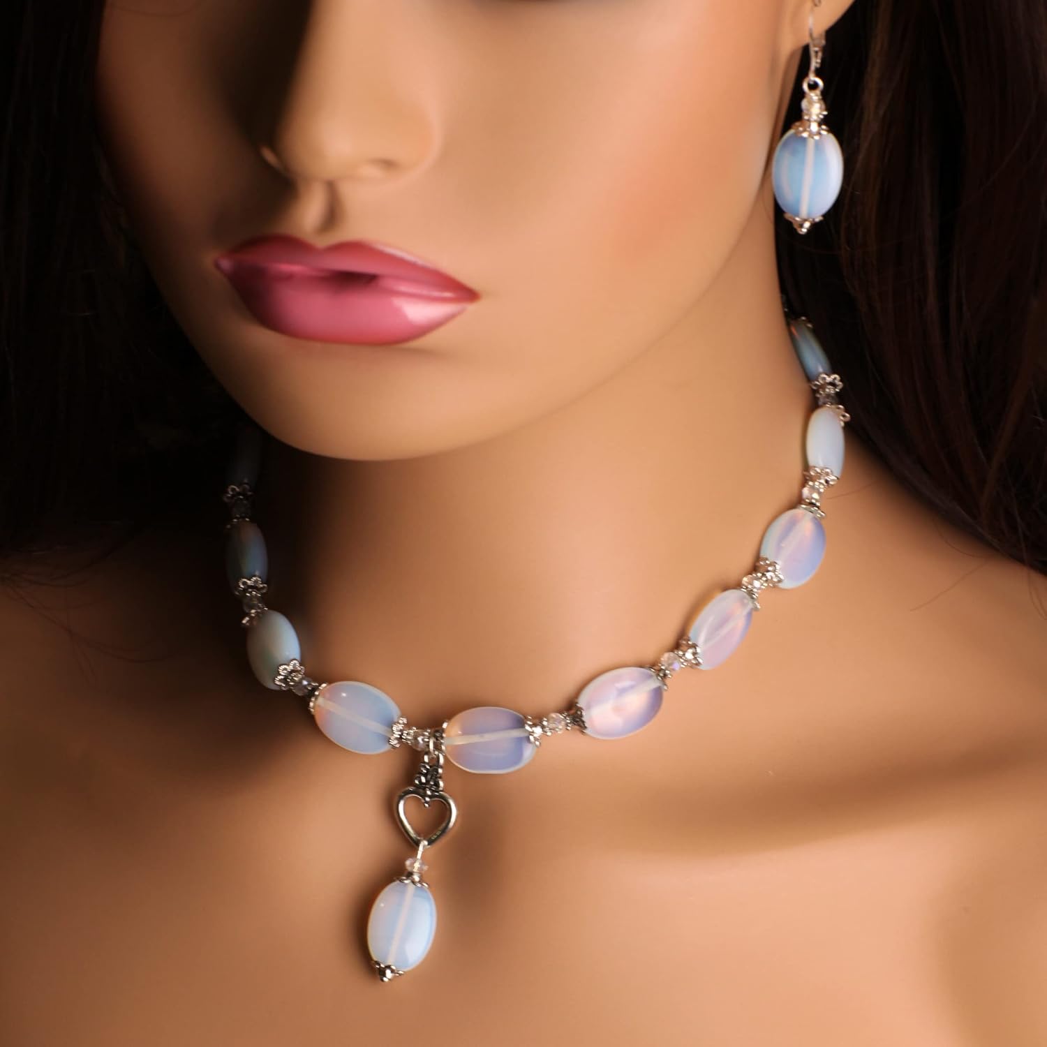 Stunning Victorian Style Opalite Quartz 13x18mm Oval with Bead Cap Necklace with Matching Earrings Jewelry Set