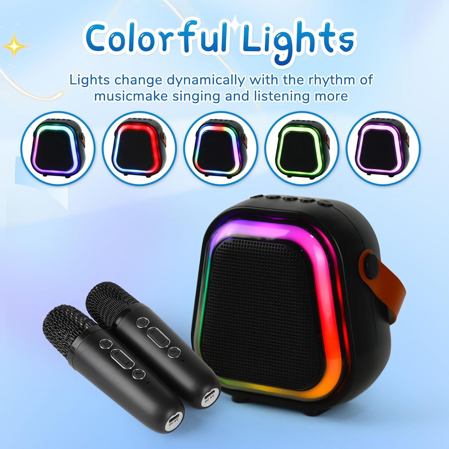 K269 Mini Karaoke Speaker with LED Lights, Portable Bluetooth Entertainment System with 2 Microphones, Dynamic Color-Changing Effects for Kids (Black+2 Mic) - Image 6