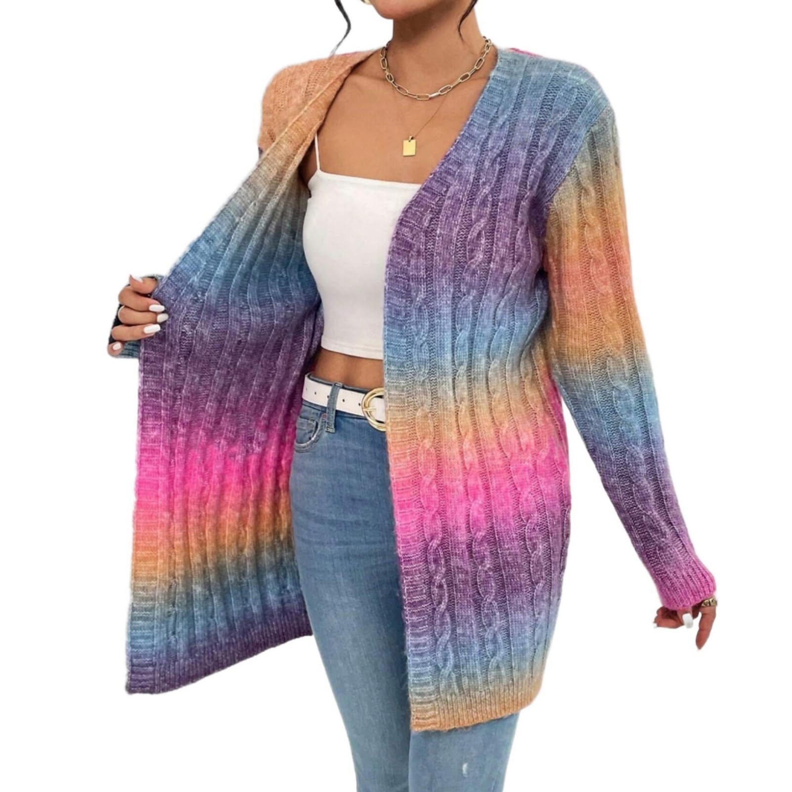 Amtopiyo Womens Fashion Rainbow Color Mid Length Cardigan Tie-Dye Open Front Knitted Sweater