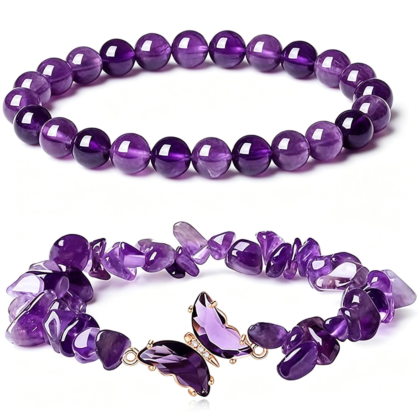 2-Piece Natural Amethyst Crystal Bracelet for Women, Stackable Round Bead and Crushed Stone Bracelet for Girls Stylish, Gradient Purple Butterfly Pendant Jewelry-image-38
