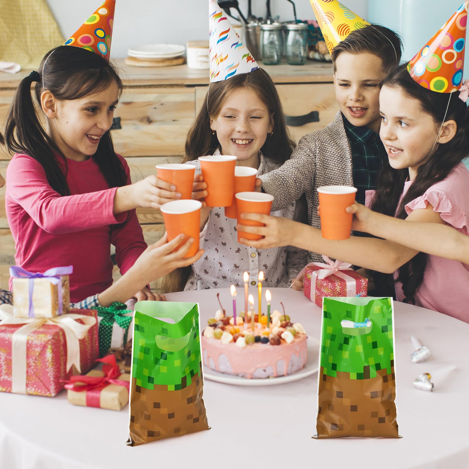 ADARRO 50PCS Pixel Birthday Party Favor Bags, Green and Brown Pixel Video Game Theme Party Goodies Candy Snack Treat Bags