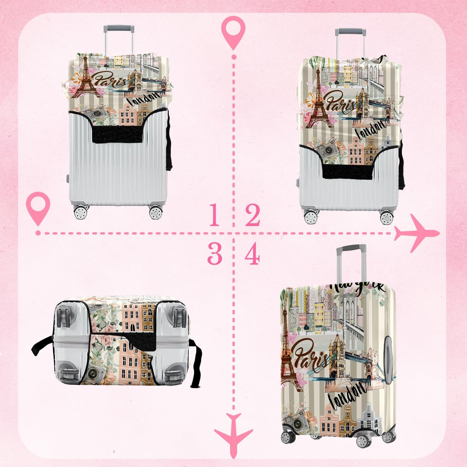 Washable World Famous Scenery Luggage Cover -Eiffel Tower,London Bridge and New York Bridge Elastic Travel Suitcase Protector Fit 29-32in Luggage Covers