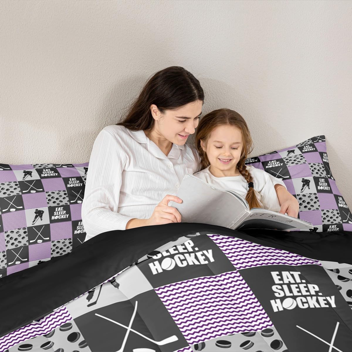 Girls Ice Hockey Bedding Set Twin Teen Patchwork Hockey Player Pucks Comforter Set,Eat Sleep Hockey Quilt Duvet Sports Games Comforter,Purple Geometric Checkered Stripe Black Grey 1 Pillow Case