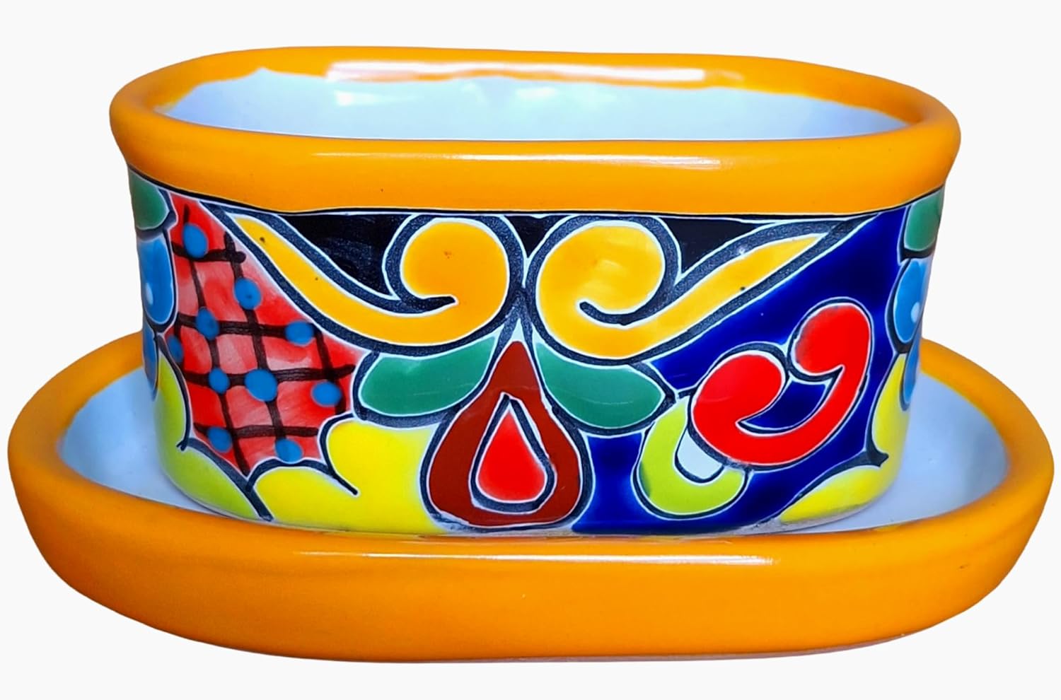 Mexican Mini Cradle Planter with Drainage Hole and Saucer Hand-Painted Ceramic Succulent Pot (Yellow)