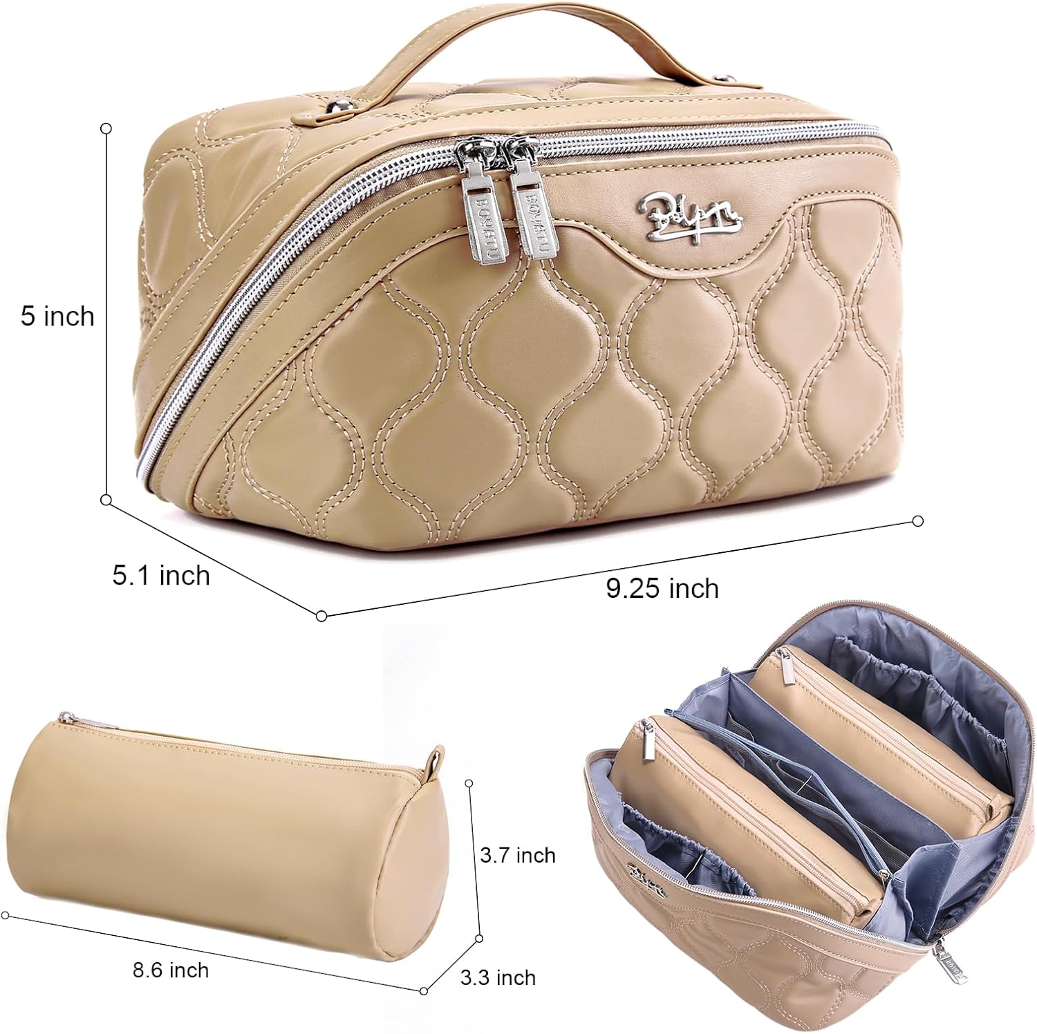 Travel Makeup Bags for Women Cosmetic Bag: Puffy Make up Bags Set of 3 - Vegan Leather Makeup Organizer - Waterproof Large Toiletry Bag with Compartments - Travel Essentials (Khaki) C-02-Khaki image 7 of 8 B0DXVC8ZM3