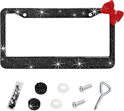 Bling License Plate Frame, 2 Holes Sparkling Rhinestones Bowknot Car Tag Cover Frame with Screws Caps Set, Weatherproof Stainless Vehicle License Plate Holder for Women Girls Black & Red