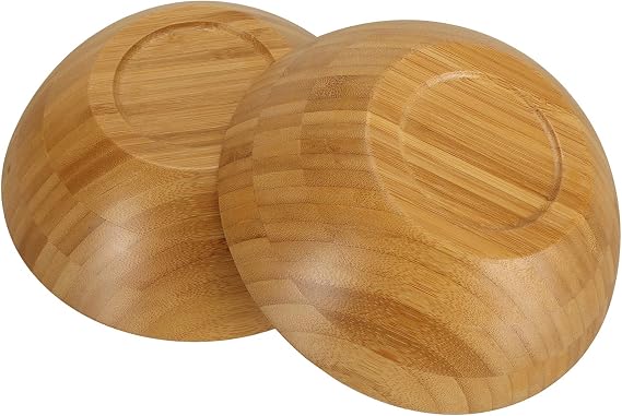 Lawei Set of 4 Bamboo Salad Bowls - 7 x 2.25 Inch Wood Serving Bowls Individual Meal Bowls Fruits, Salad, Pasta, Cereal, Rice and Snacks