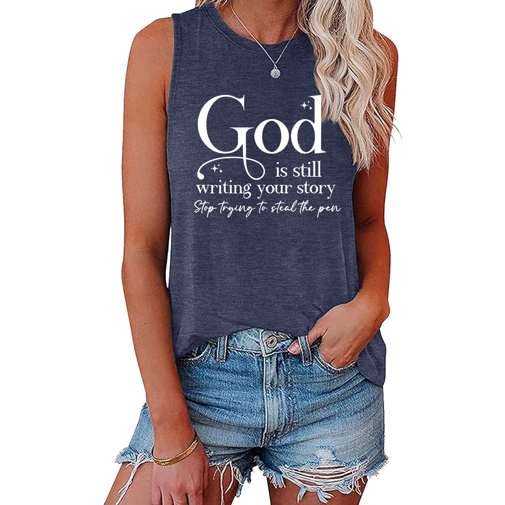 BLACKOO Womens Graphic God is Still Writing Your Story Graphic Tank Tops