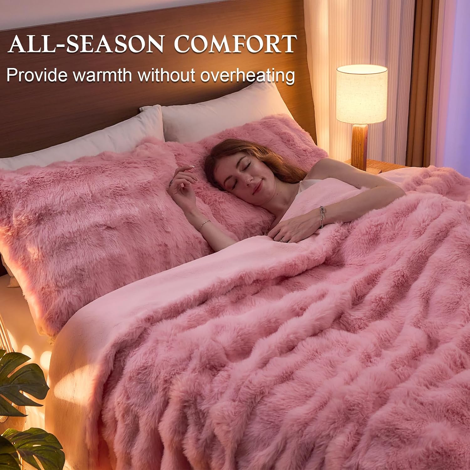 Lotus Karen Faux Fur Pink Comforter King – Fluffy Big Bubble Faux Rabbit Fur Thick Comforter Sets, Warm Cozy Fuzzy Bed Set 3 Pieces, 1 Comforter and 2 Pillowcases image 4