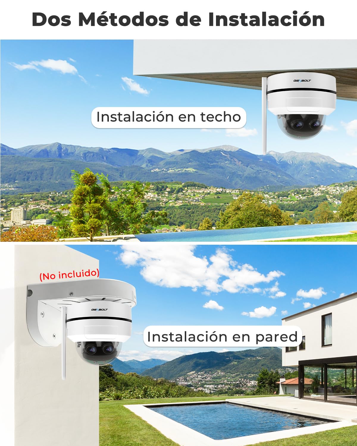GENBOLT [Zoom Híbrido 10X] 2.5K PTZ Cámara Vigilancia WiFi Interiores y Exterior,360° Doble Lente Domicilio Cámara IP CCTV con Automático Detección, IK10 Antivandalismo IP66 Impermeable (DC&PoE)