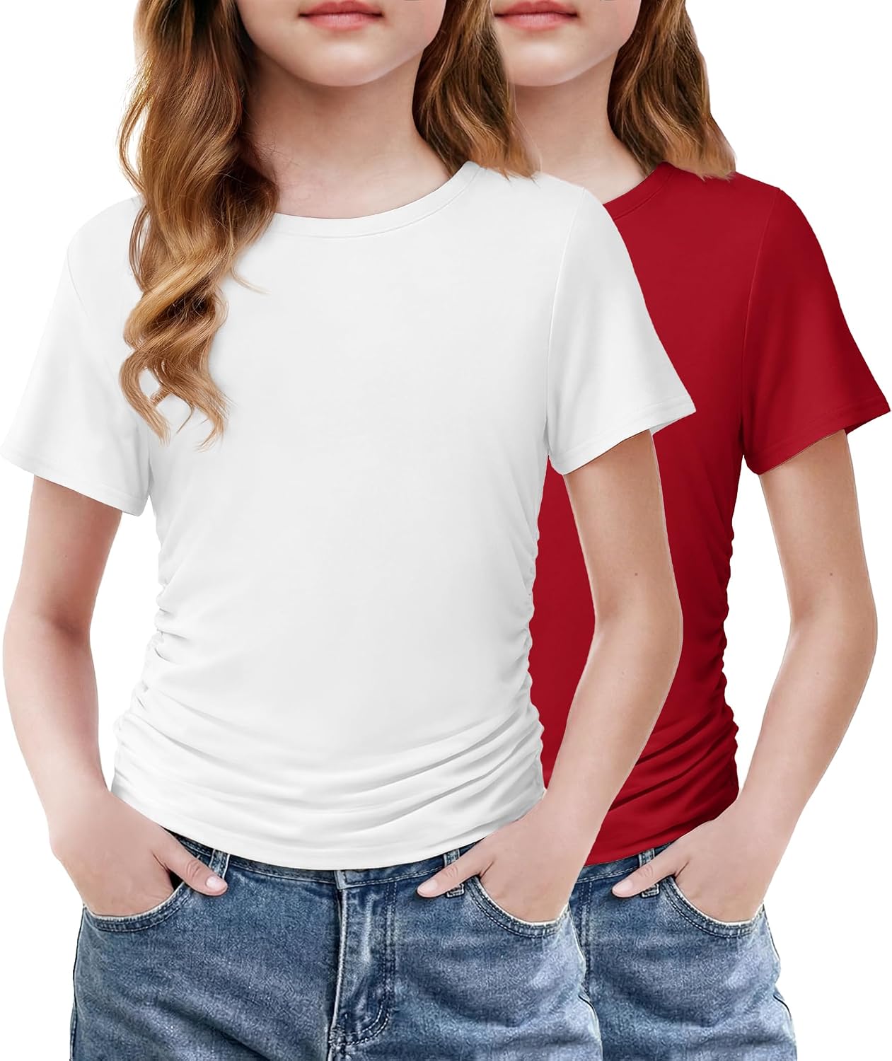 Arshiner Girls Shirts Side Ruched Short Sleeve Crewneck Fitted Tops Casual Summer Soft Tee Clothes 5-12 Years