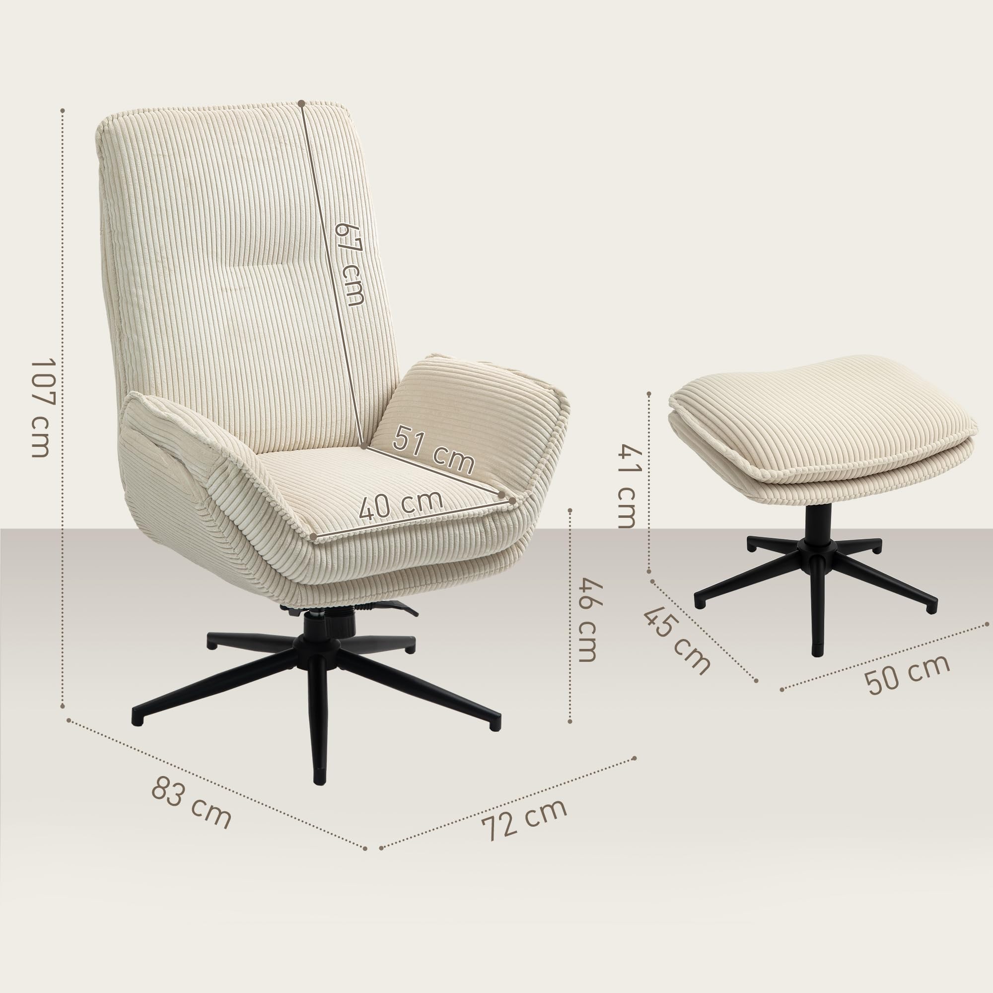 HOMCOM Fauteuil Salon avec Repose-Pieds Pivotant Inclinable Relax Beige | Velours Côtelé, Assise et Accoudoirs Rembourrés, Dossier Haut, pour Salon et Chambre