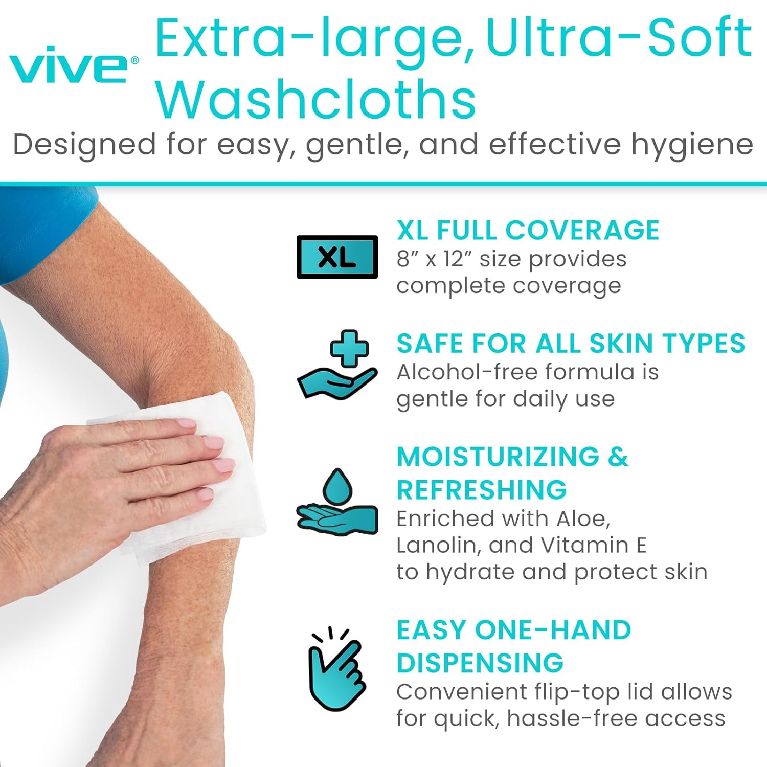 Vive Disposable Washcloths for Adults & Elderly (12 Pack - 600 Count - 8"x12") – Incontinence Wipes for Men & Women – Hypoallergenic No Rinse Adult Body Wipes for Sensitive Skin – Fresh Scent