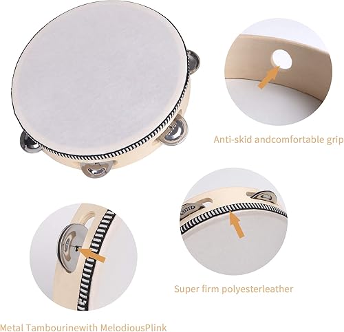 Miniatura 2 de Panderetas Instrumento musical para adultos, 8 pulgadas de madera de tamborina de tamborina con melancías de metal de abedul, pandereta de mano de