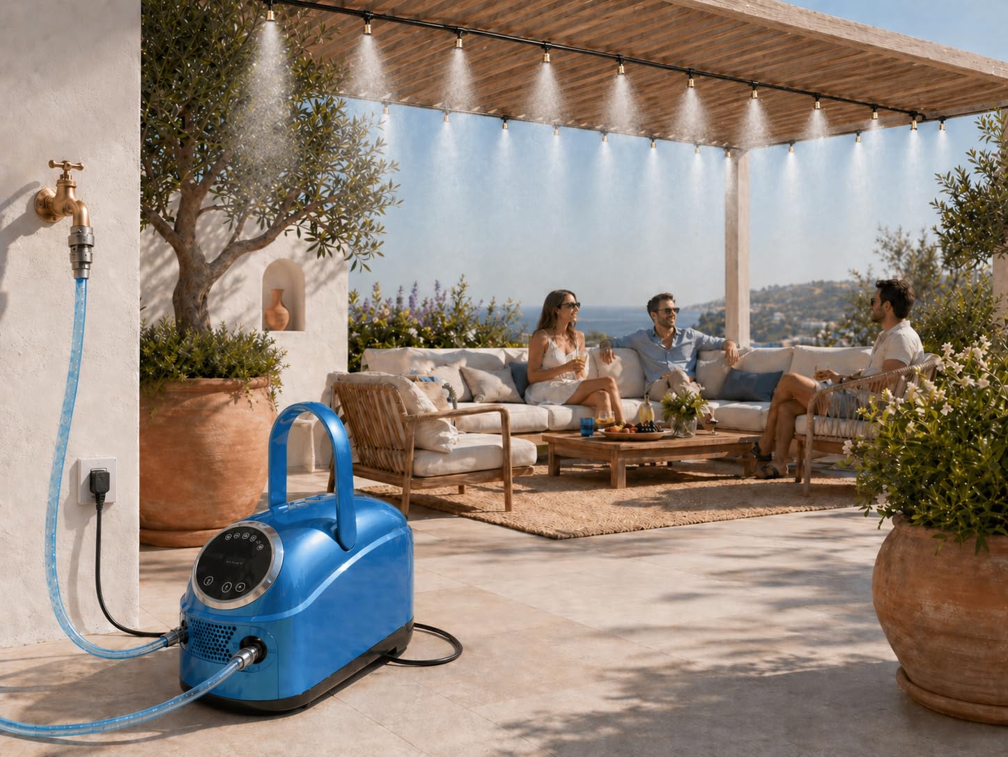 O'FRESH Sprühnebel Terrasse Hochdruck 14 Düsen, 20m - 60 bar - Kapazität: 40 m² - Wehrt Mücken und Schädlinge ab - Hochdrucknebelgerät