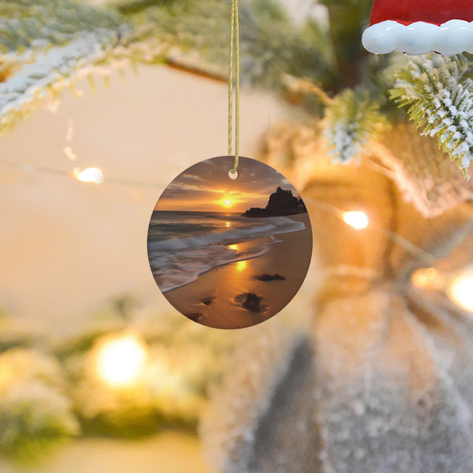 Christmas Ornaments for Christmas Tree Decoration Ceramic Hanging Sunrise Beach Ornament with Gold Ribbon Crafts Round Pendant for Keepsake Gifts Glass Xmas Decor Party Supplies