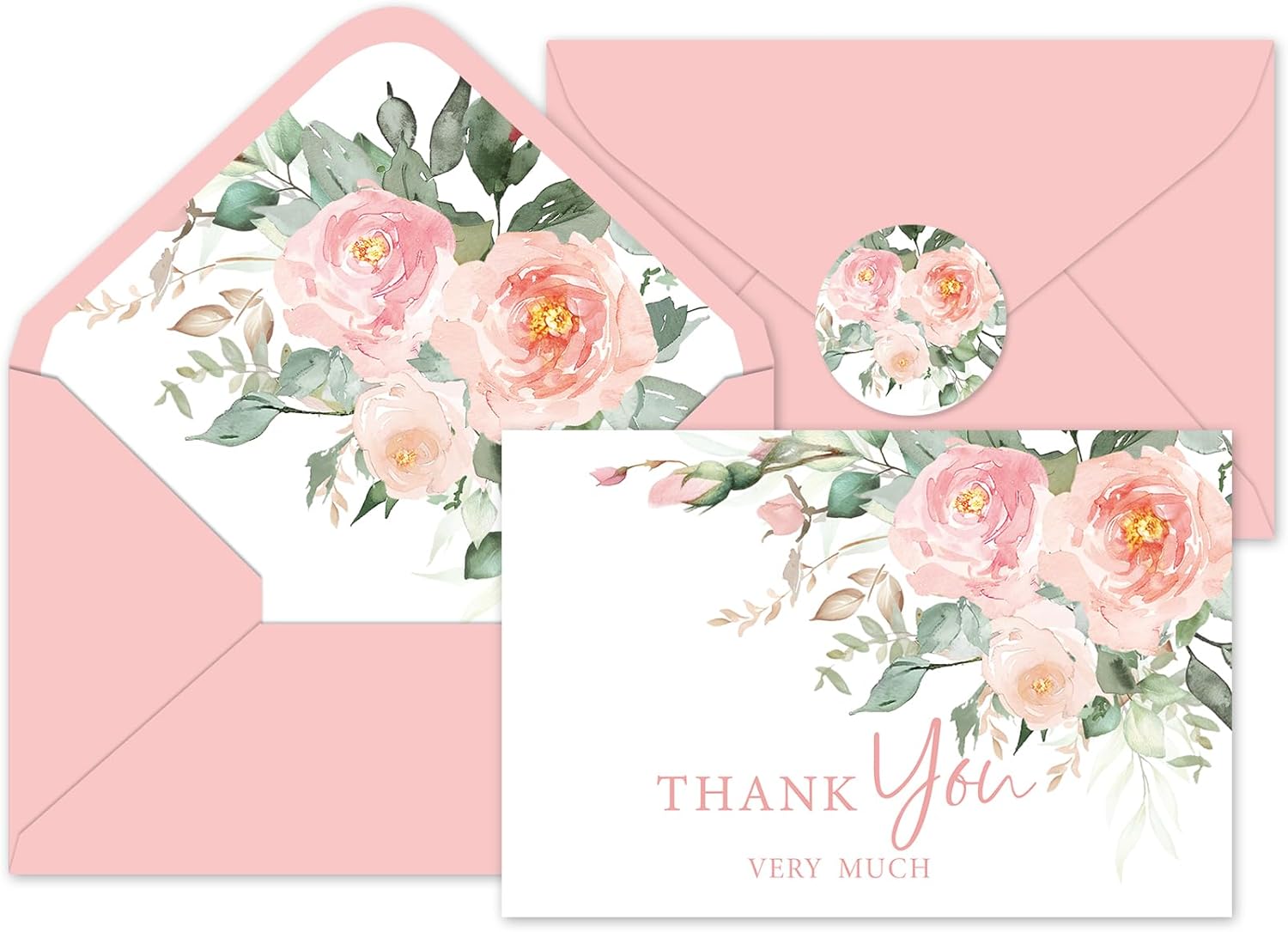 Whaline 36Pcs Dusty Peach Floral Thank You Cards Blush Pink Flower Greeting Card with Envelopes Stickers Watercolor Blank Note Card for Spring Summer Bridal Baby Shower