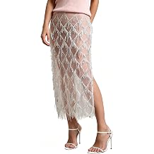 AXX Womens Sequin Fringe Midi Skirt Sheer Mesh Tassel Skirt