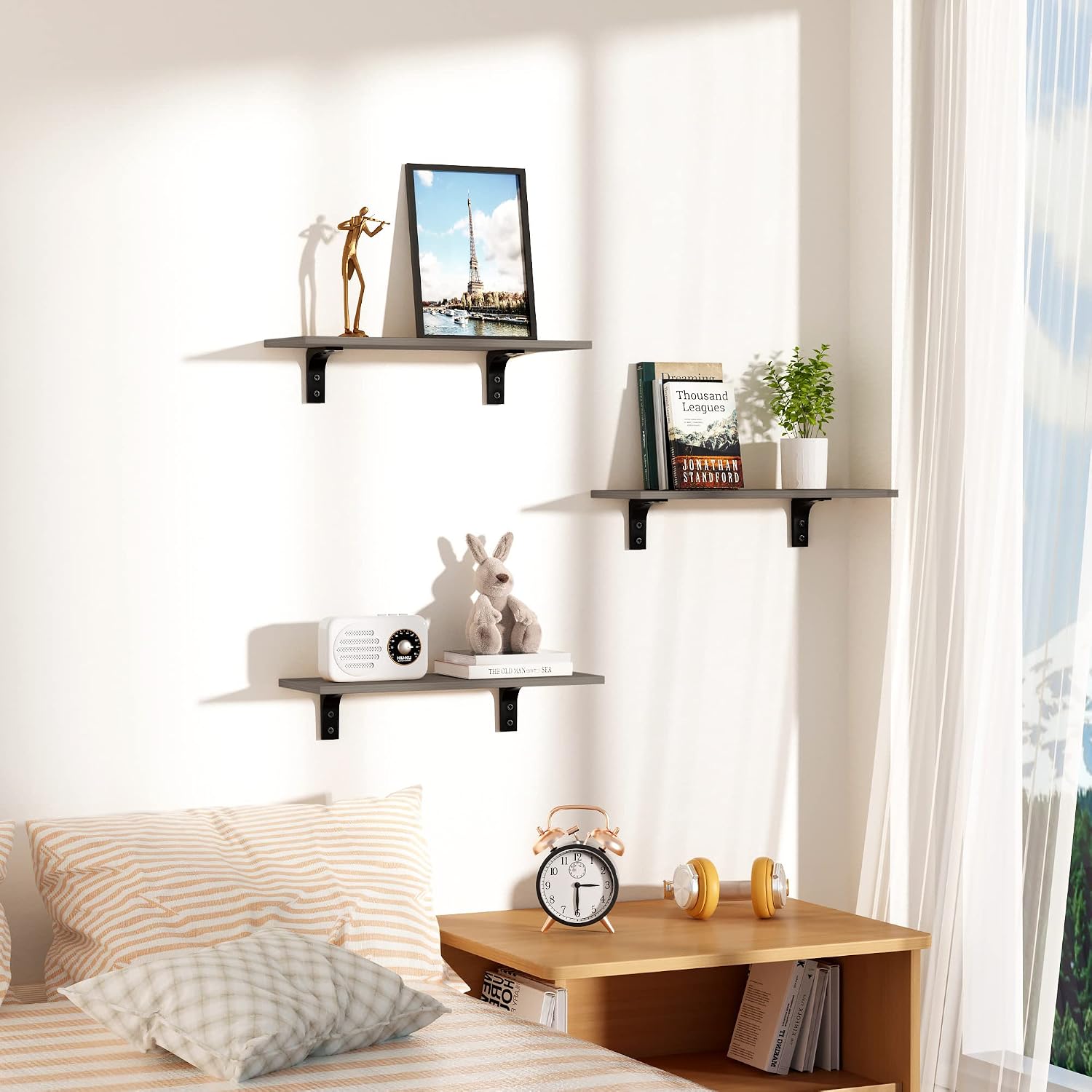 upsimples Floating Shelves for Wall Décor Storage, Wall Mounted Shelves Set of 5, Sturdy Wood Floating Shelves with Metal Brackets for Bedroom, Living Room, Bathroom, Over Toilet, Kitchen, Gray
