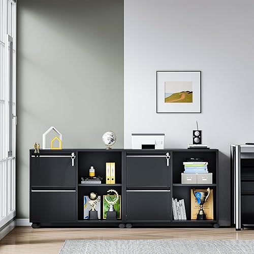 Miniatura 2 de Yizosh Archivador de metal de 2 cajones con cerradura, archivador lateral móvil, soporte de impresora con estantes de almacenamiento ajustables para