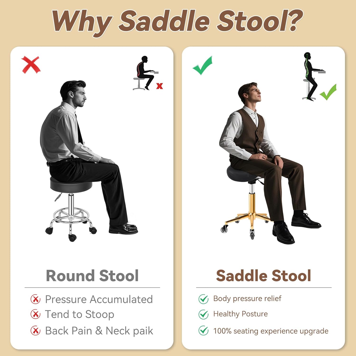 Saddle Stool with Wheels Ergonomic - Thick Wide Saddle Cushion, Healthy Posture No Pain, Easy to Adjust, Smooth Rolling No Creaky Noises, Rolling Swivel Saddle Stool Chair for Salon Massage (Black) - Image 4