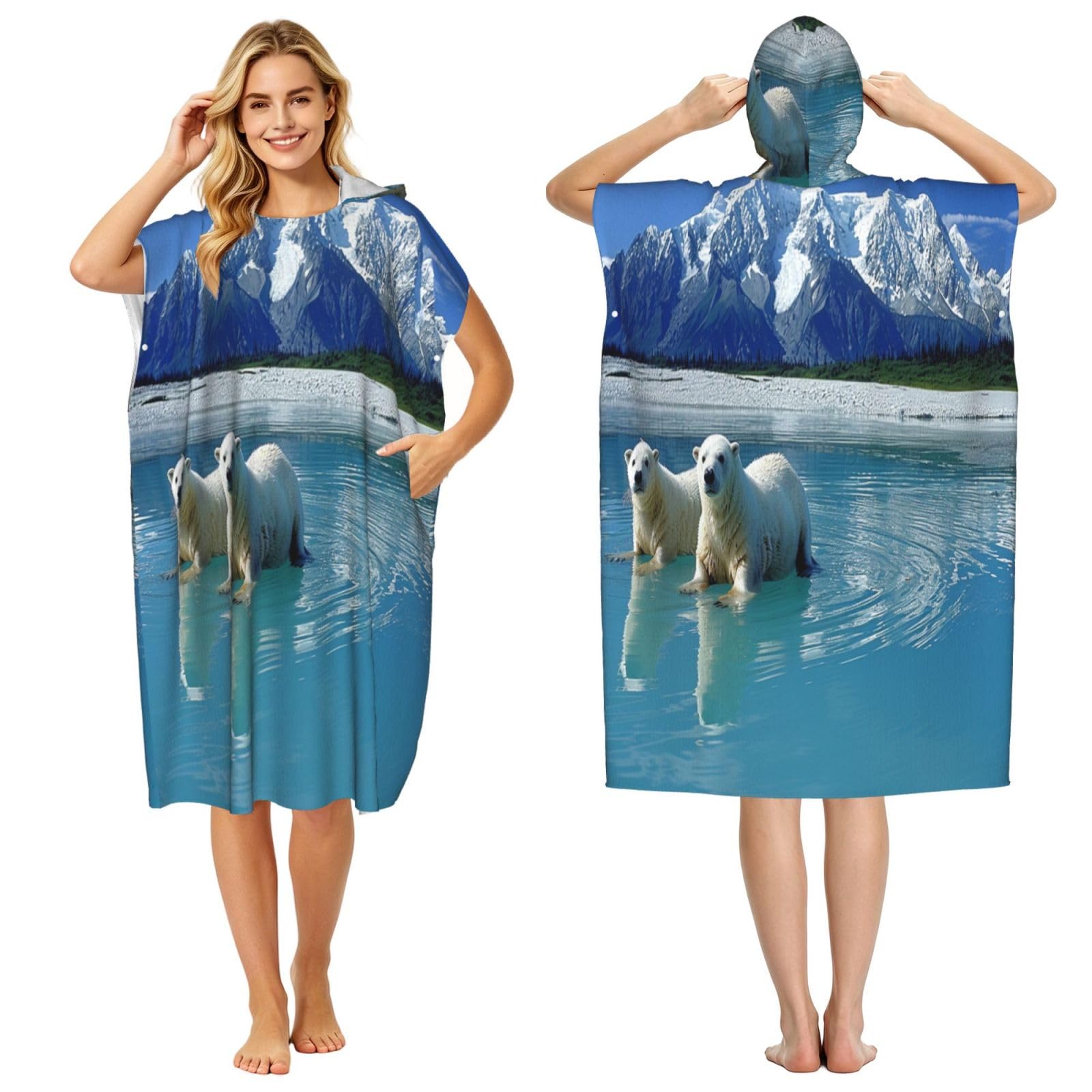 DTHKJNLSF Two Polar Bears Swimming Adult Hooded Beach Poncho Towel