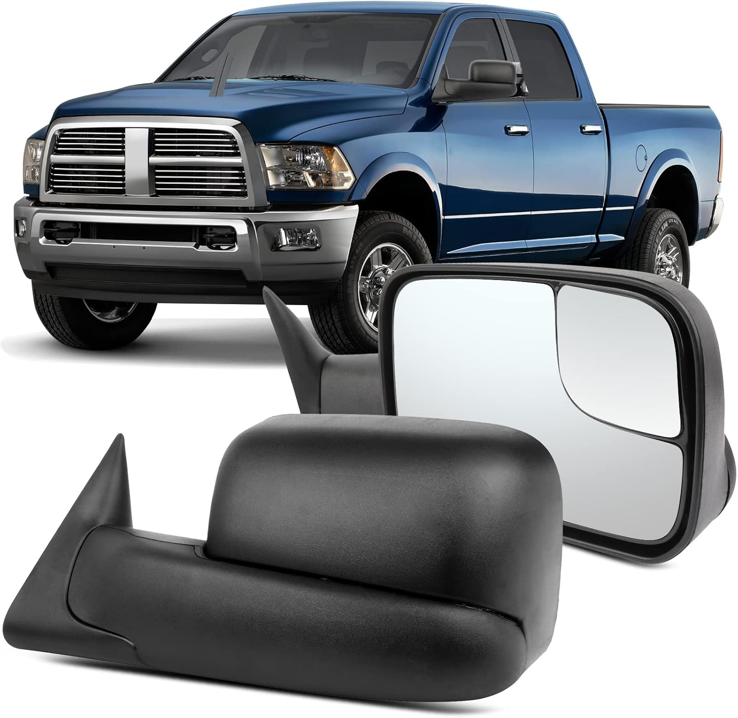OCPTY Manual Adjust Right Towing Mirror for 1994-2001 Dodge Ram 1500, 1994-2002 Ram 2500/3500 - Black Housing, Foldable & Stable