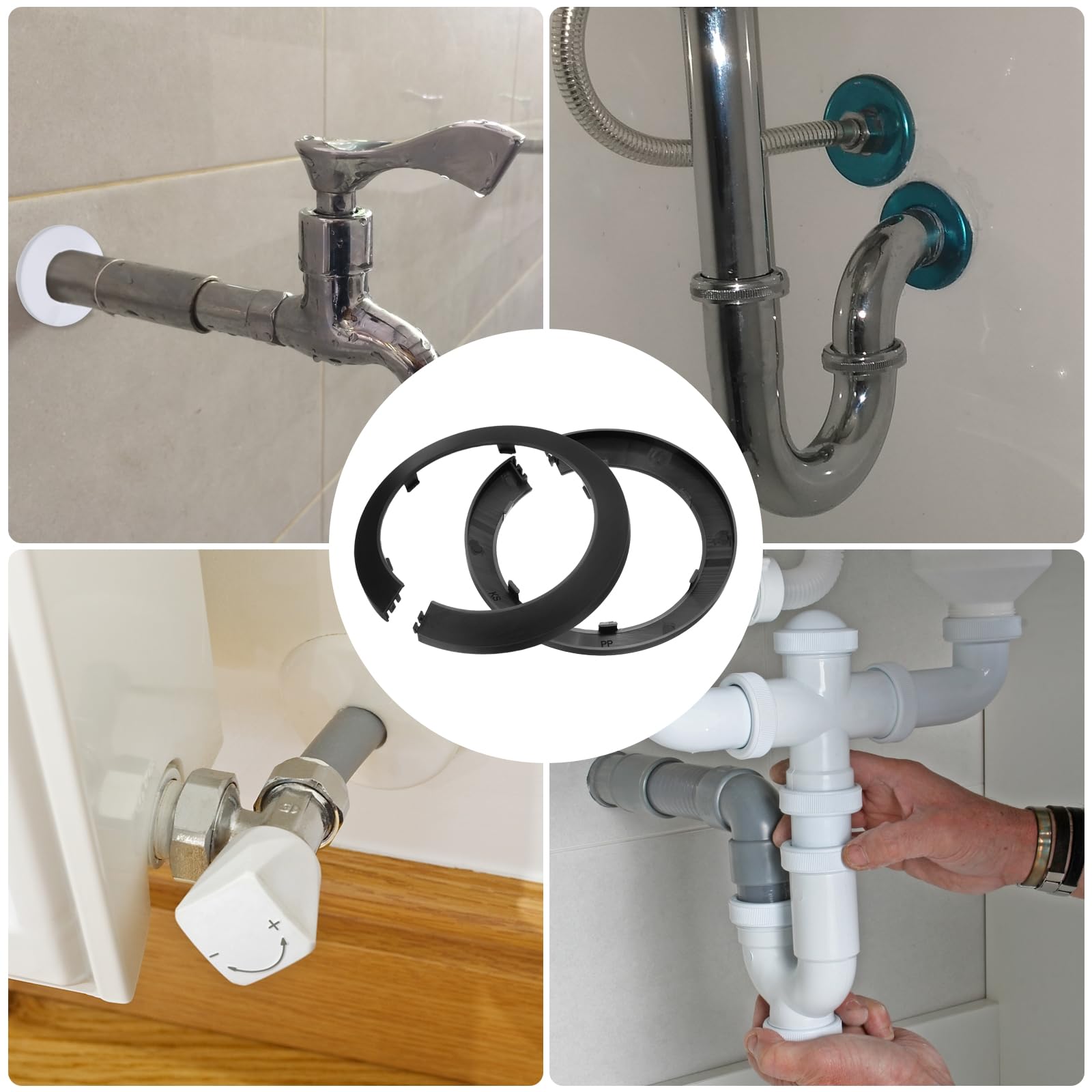 Placas De Escudo Para Tuberías - Pack De 4, Diámetro Interior 26.5 Mm, ABS, Autoadhesivas, Negro