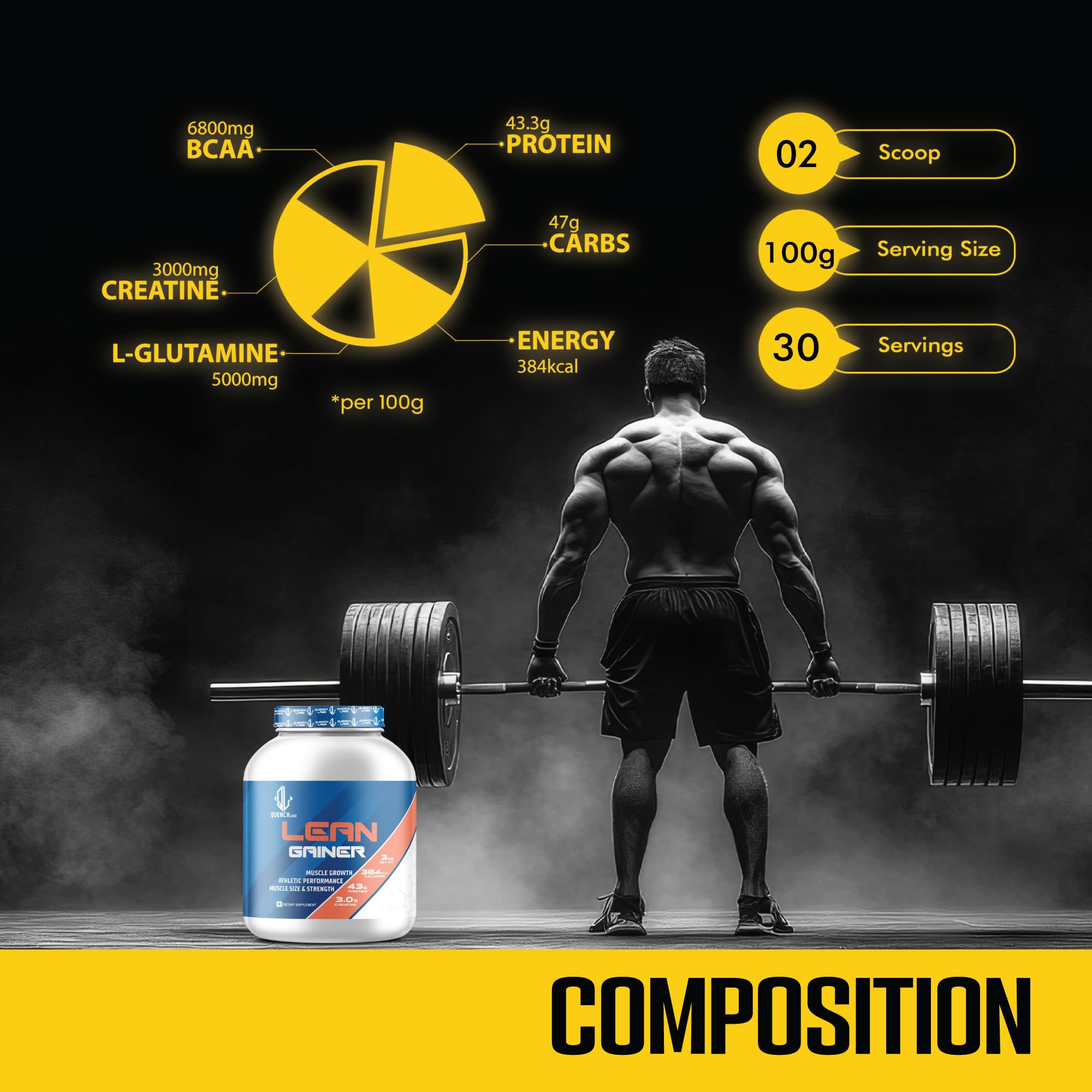 QUENCHLABZ Lean Gainer - High-Carb Supplement for Muscle Growth & Recovery | Gym Supplement for Athletes | Fast-Digesting Carbohydrate Drink Mix | Energy & Stamina Booster | 3KG Chocolate Flavor — Amazon image 2