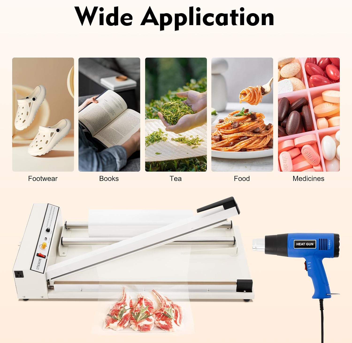 530W Shrink Wrap Machine, 24" Shrink Wrap Sealer w/1500W Heat Gun, 110V Heater Pressed Start Cosmetics Heat-shrinkable Film Packaging Heat Sealing Machine w/Cushioning Device, 1 Roll Film, for PP