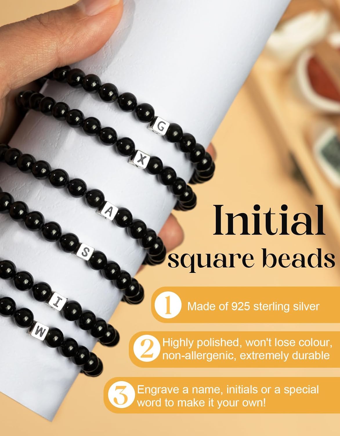 Initial Bracelet, 6MM Natural Stone Healing Crystal Beaded Bracelets with Personalized 925 Silver Letter Bead, Meaningful Jewelry Gifts for Women and Men