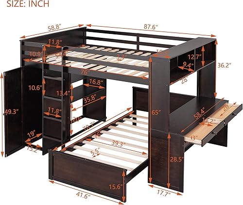 Miniatura 83 de Cama alta funcional tamaño individual con 2 cajones y 2 armarios, base de cama de madera maciza con barandilla de seguridad y escalera de