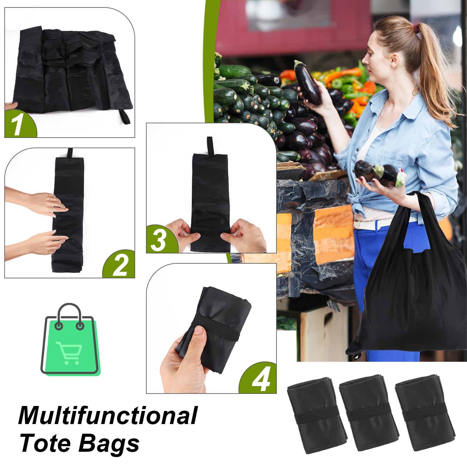 JSMTKJ Bolsa Plegable 4 PCS Bolsa de Compras Reutilizable Bolsa de Tela para Compras Bolsa de Compras Plegable Ecológica Tote para Compras Casa Viajes Acampar