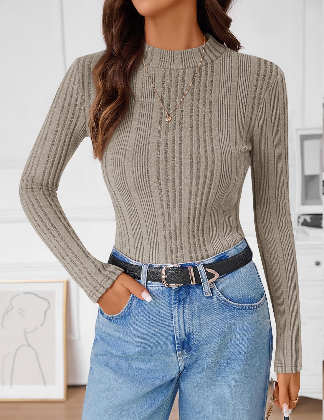 ZESICA Women's Fleece Sherpa Lined Tops Long Sleeve Mock Neck Knit Thermal Basic Shirts 2026 Fall Winter Clothes - Image 2