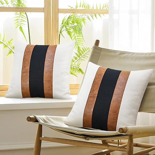 Miniatura 3 de JASEN Fundas de almohada de cuero blanco y negro, funda de almohada decorativa de piel sintética marrón, estilo bohemio, moderno, a rayas, funda de