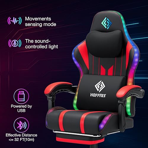 Miniatura 5 de HOFFREE Silla de juegos con ritmo de música, luces LED RGB y altavoces Bluetooth, silla ergonómica de masaje para computadora con reposapiés, silla