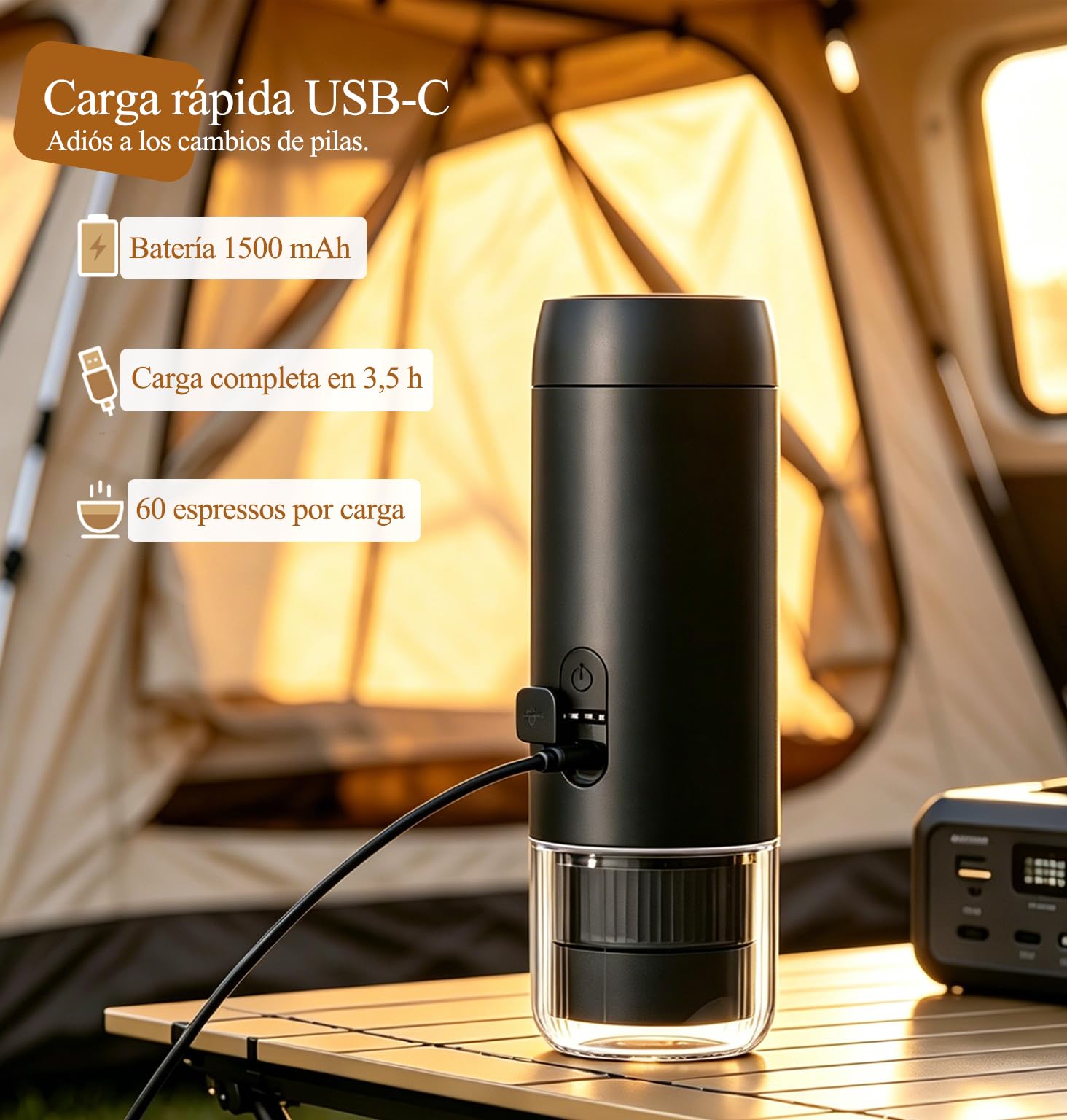 Cafetera espresso eléctrica portátil, para café molido y cápsulas | Cafetera de viaje 2 en 1, presión 20 bares, recarga USB-C, diseño compacto, para camping, coche y picnic