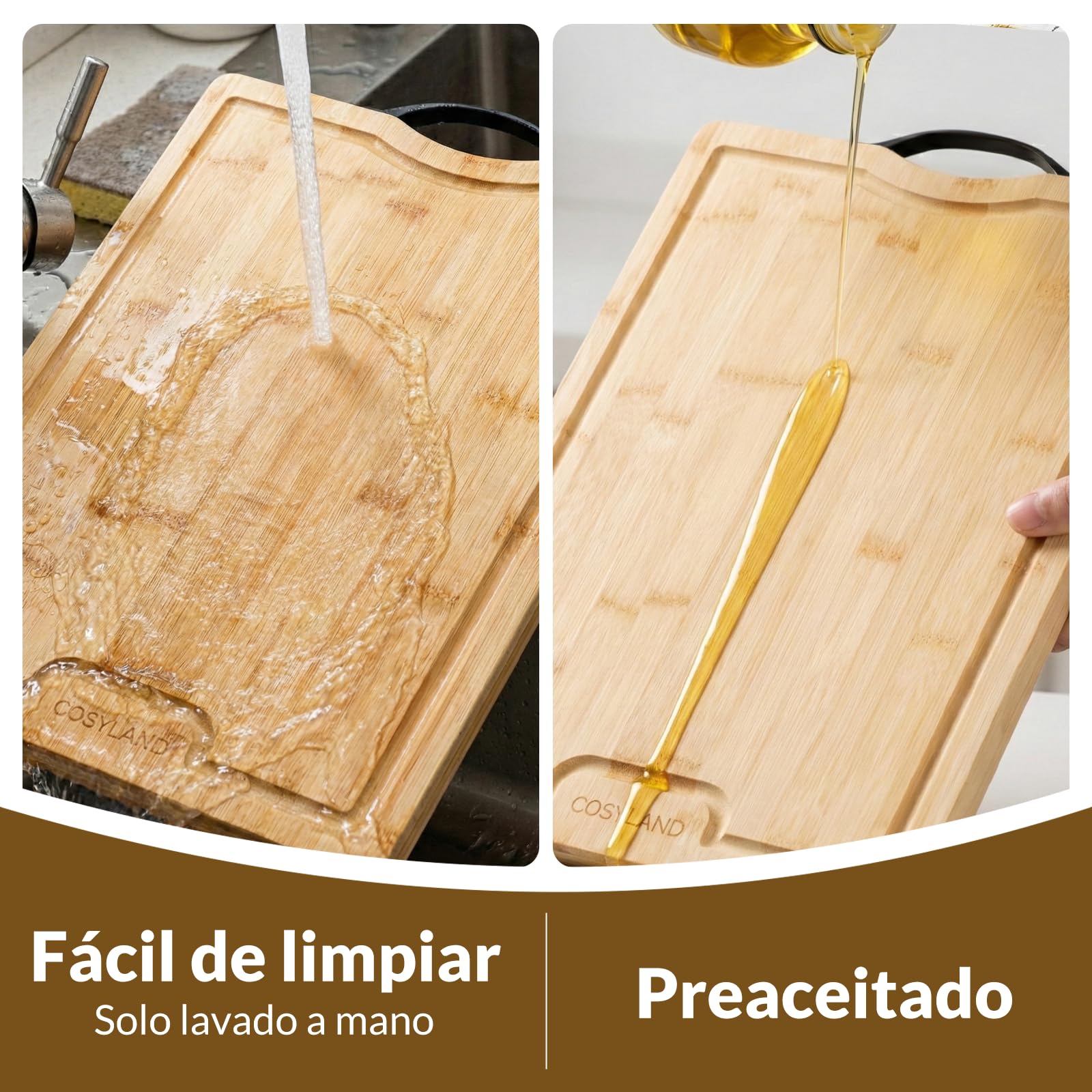 COSYLAND Tabla de Cortar de Madera 40x30x2 cm Preaceitada con Ranura para Jugos y Patas Antideslizantes