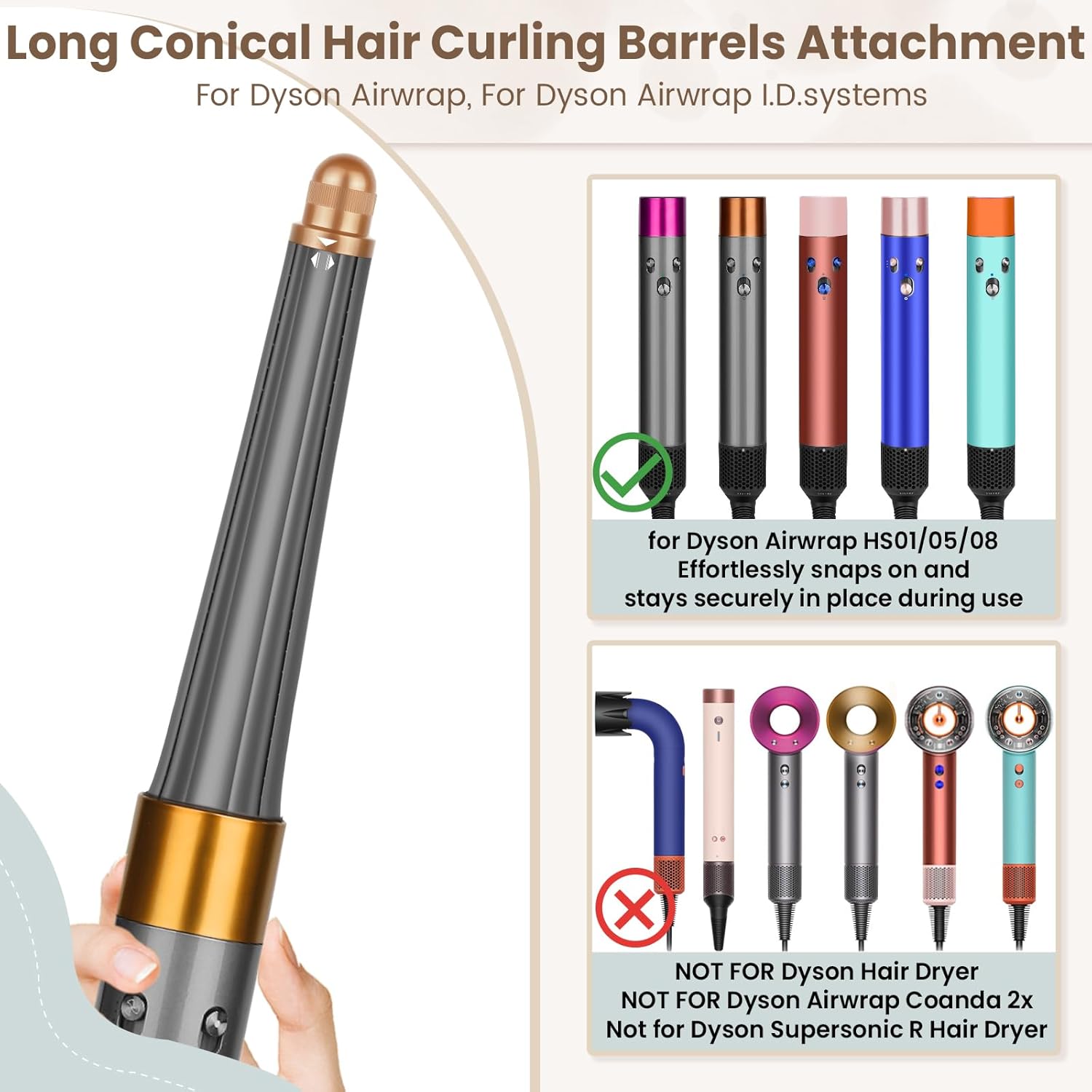 Conical Long Hair Barrels Attachment Compatible with Dyson Airwrap HS01 HS05 HS08 Accessories, Automatic Curling Iron Curlers for Tight Inward Curls Voluminous Outward Waves - Image 8