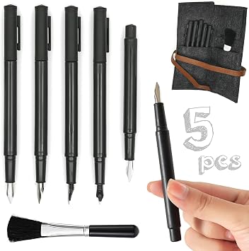 M MUGIT 5 Pieces Scratch Art Tools Set, DIY Scratching Drawing Painting Pen, Fountain Pen Shape Scratch Pen, Scratch Stick Stylus Tools Bag with Clean Brush in Bag Black