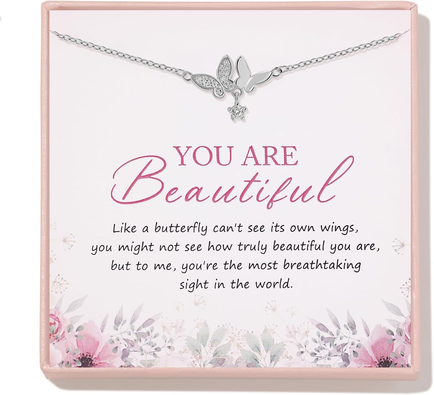 Butterfly Necklace for Women, Elegance Necklace Jewelry Gift for Her, You are so Beautiful, Anniversary Valentine's Day Birthday Gift with Message Card and Box for Daughter Lover Girlfriend