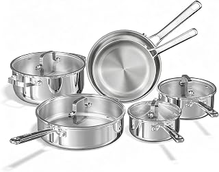 COOKER KING Stainless Steel Cookware Set, 10 Piece Tri-Ply Pots and Pans Set Non Toxic, Oven Safe to 900℉, Dishwasher Safe, All Cooktop Compatible
